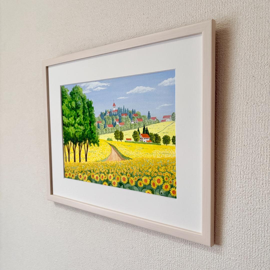 アクリル画　原画　「ひまわりの丘11」額縁付　F4サイズ　風景画
