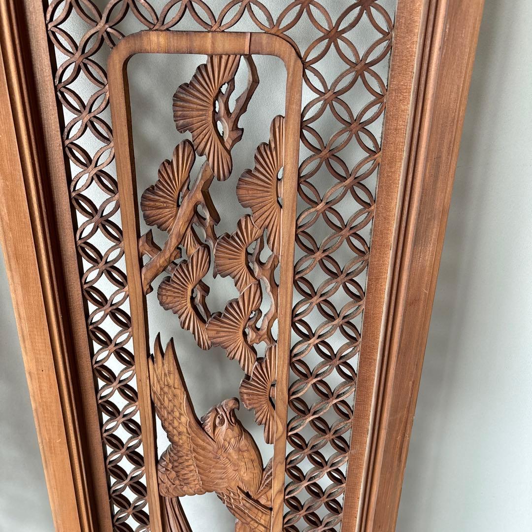 古い彫刻欄間　七宝組子　松　鷹　らんま　格子　手彫　木彫　木彫り　白木　当時物1