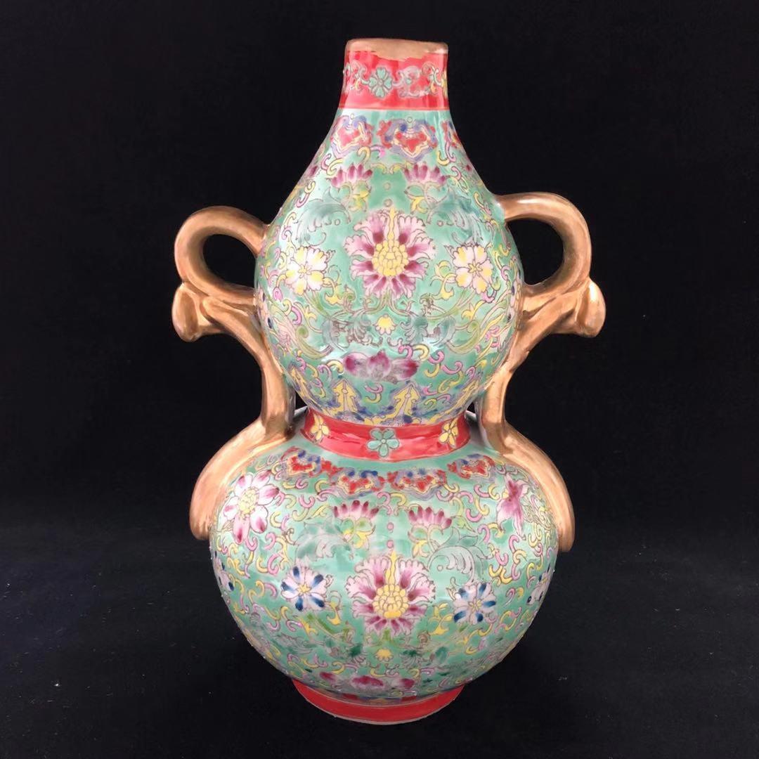 大清 乾隆 風水 ひょうたん瓶 高さ29CM 粉彩 骨董品 擺件 古賞物 陶磁器