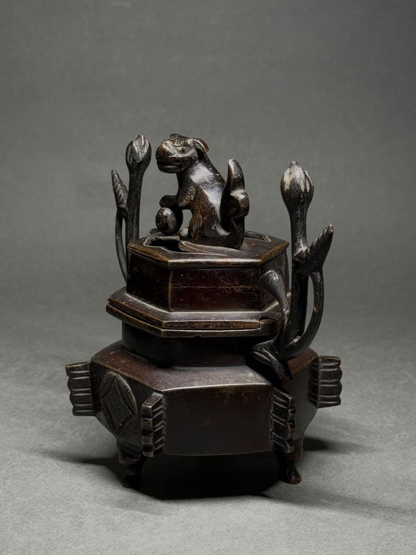 銅製 香炉 獅子蓋 銅炉 銅器 香道具 茶道具 仏具 台付 箱付