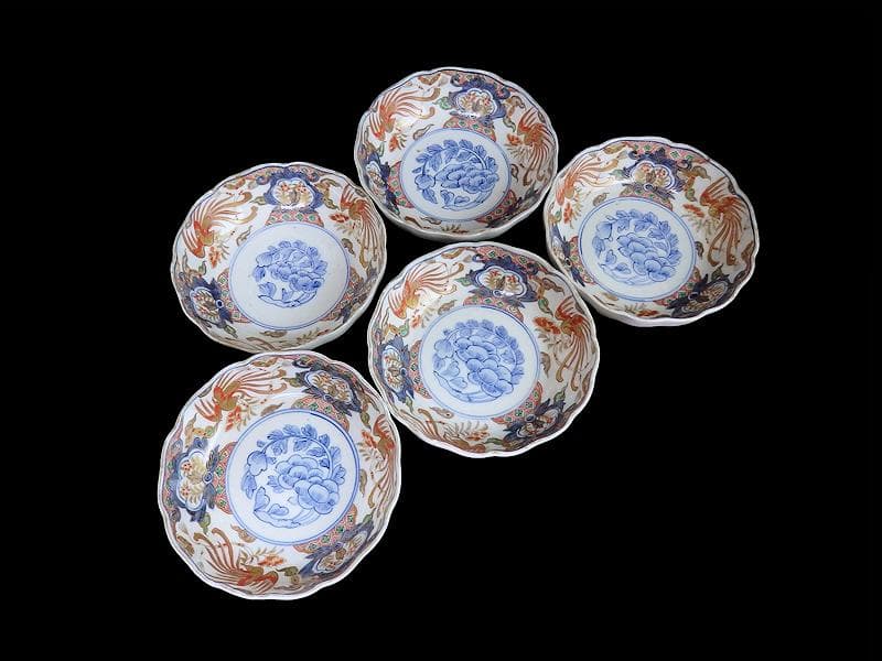 古伊万里　色絵　鳳凰に牡丹の図　膾皿　５客　C380AS-CZf