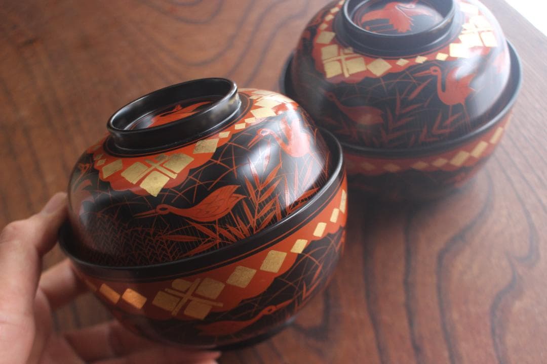 デッドストック！上質黒漆に極上秀衡蒔絵の映えるお椀2点（検山中塗