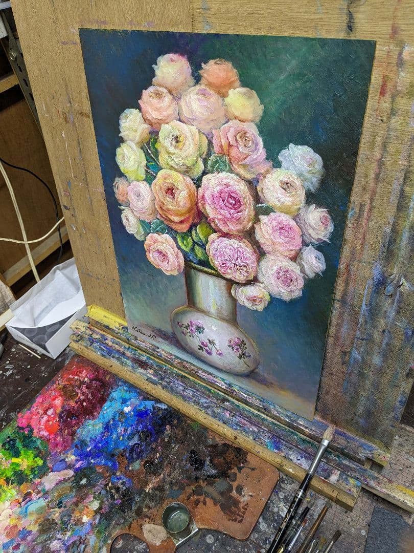 画家haru☆油彩画p8号☆薔薇☆真作☆原画★一点物★静物画★