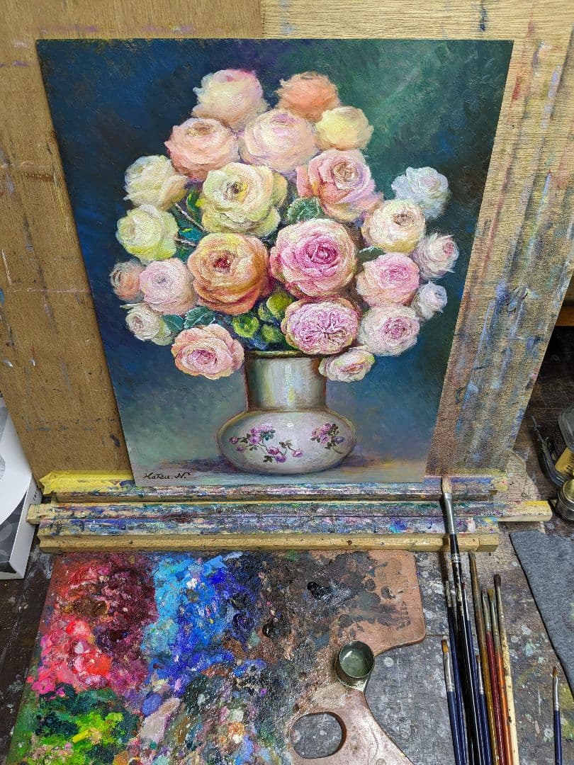 画家haru☆油彩画p8号☆薔薇☆真作☆原画★一点物★静物画★