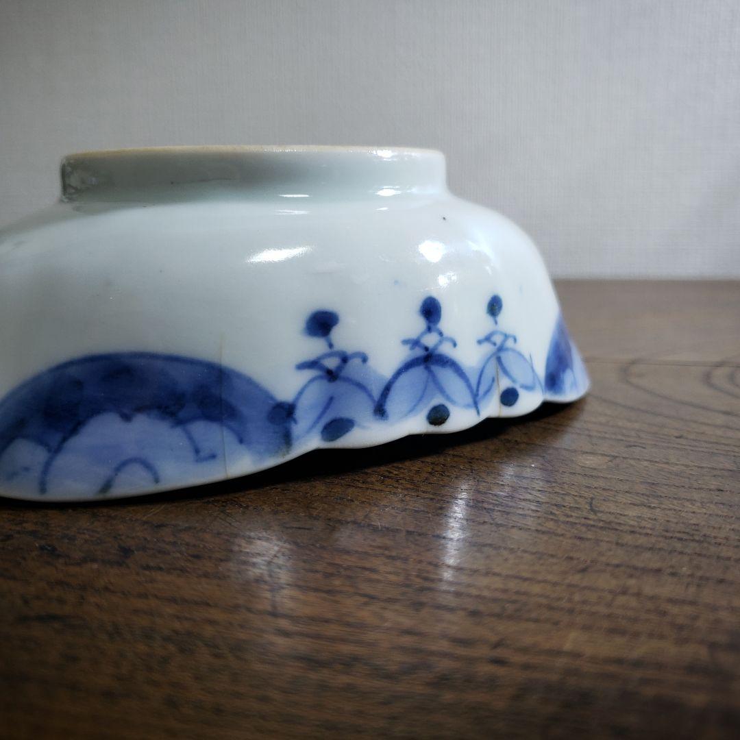 変形皿　舟形　染付　2客　銘　古伊万里　明治　変わり図柄　芙蓉手