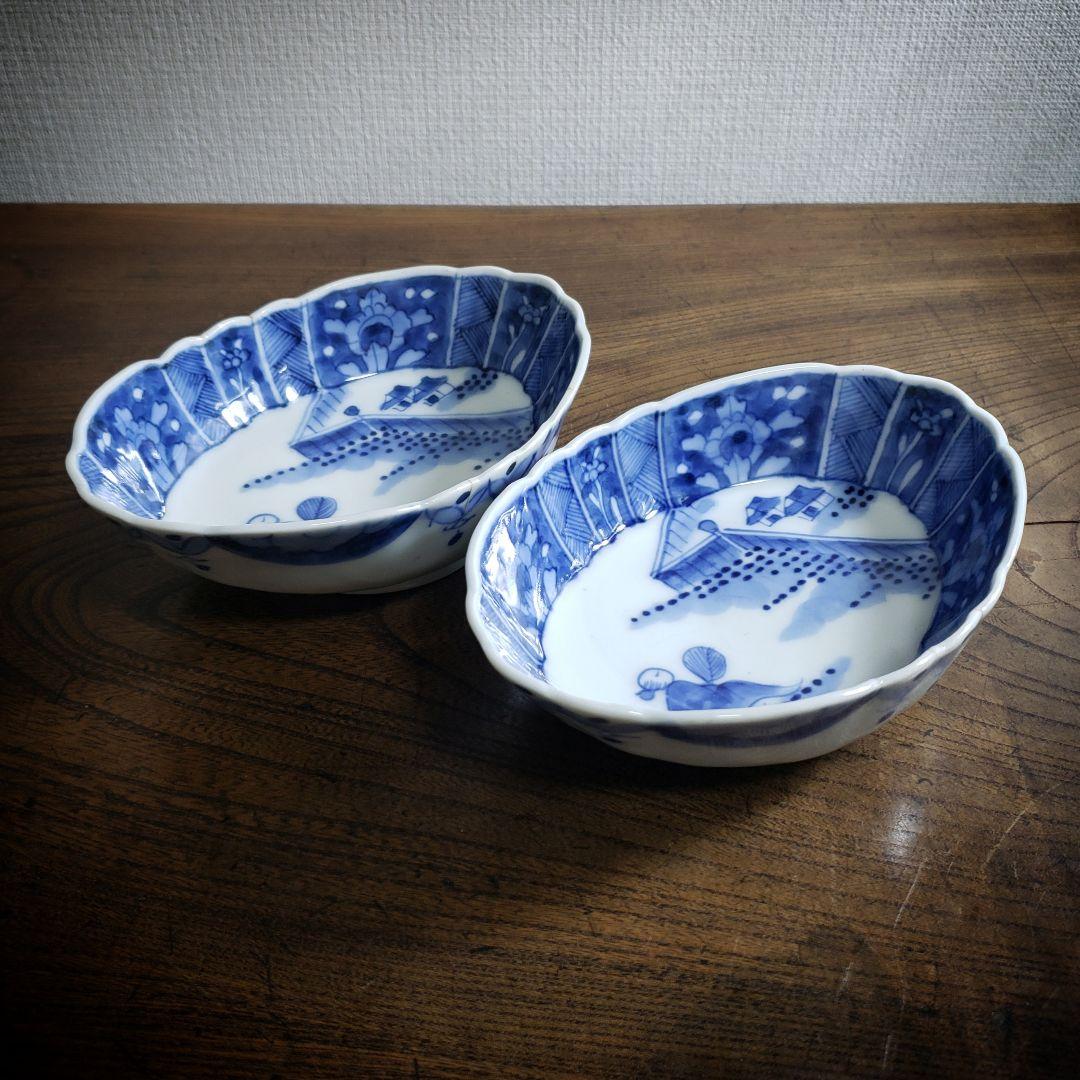 変形皿　舟形　染付　2客　銘　古伊万里　明治　変わり図柄　芙蓉手