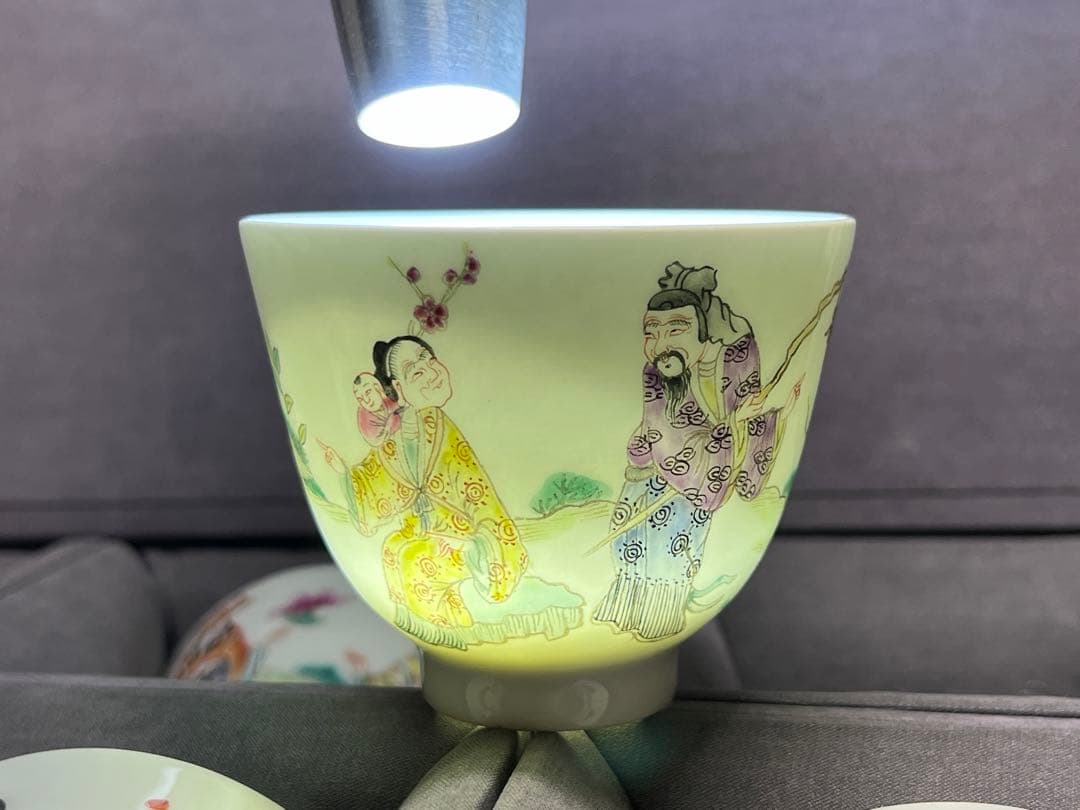 中国古美術 古磁 玩玉在銘 湯呑み 6点セット 手描き 細工粉彩 茶道具 箱付き