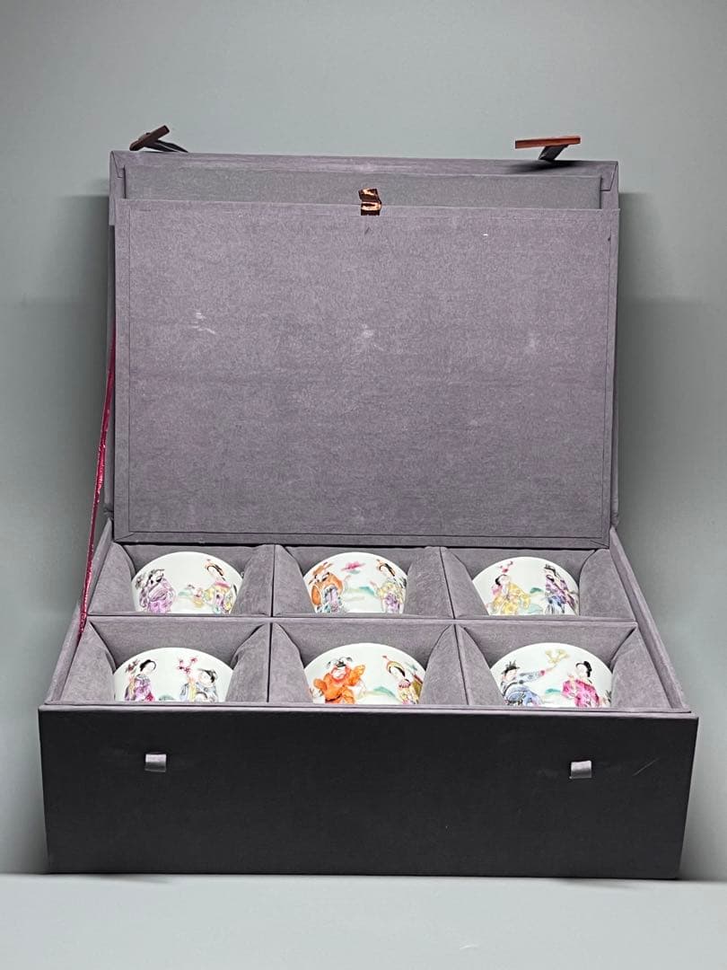 中国古美術 古磁 玩玉在銘 湯呑み 6点セット 手描き 細工粉彩 茶道具 箱付き