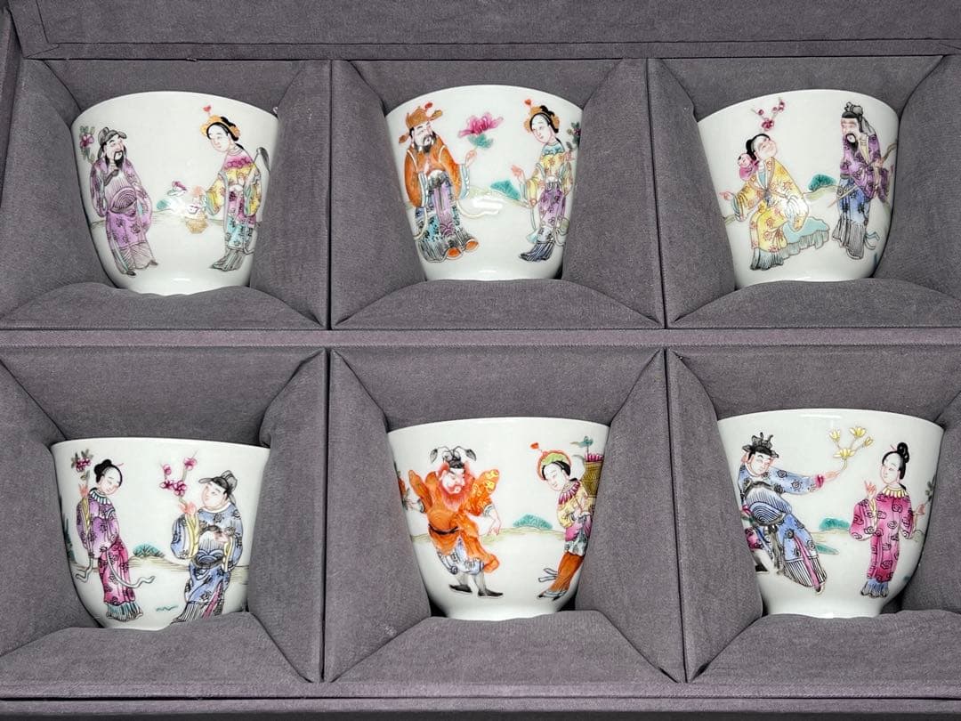 中国古美術 古磁 玩玉在銘 湯呑み 6点セット 手描き 細工粉彩 茶道具 箱付き