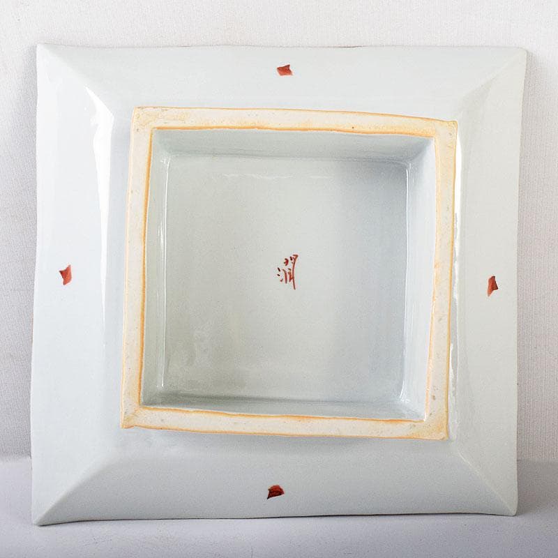 九谷焼　武腰潤作　色絵夏蟹更紗文　四方台皿　共布共箱　Y　R8415B