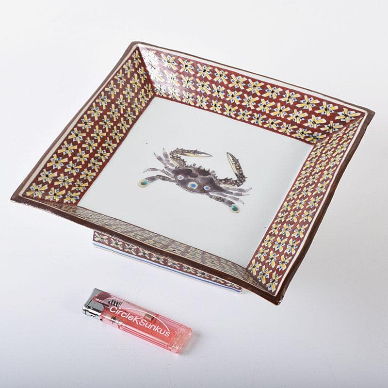 九谷焼　武腰潤作　色絵夏蟹更紗文　四方台皿　共布共箱　Y　R8415B