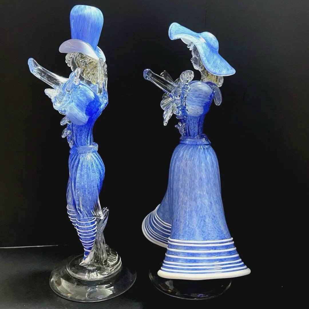 ムラーノ　ベネチアングラス　金彩付き　ブルーガラス人形　ペア　フィギュリン