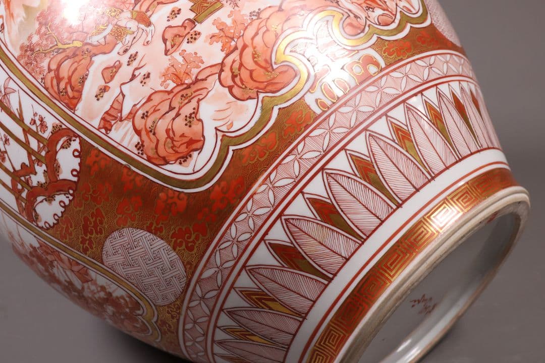 【M387】九谷焼 名工 橋田与三郎 細密赤絵金彩 花瓶 楼閣山水人物草花 花器