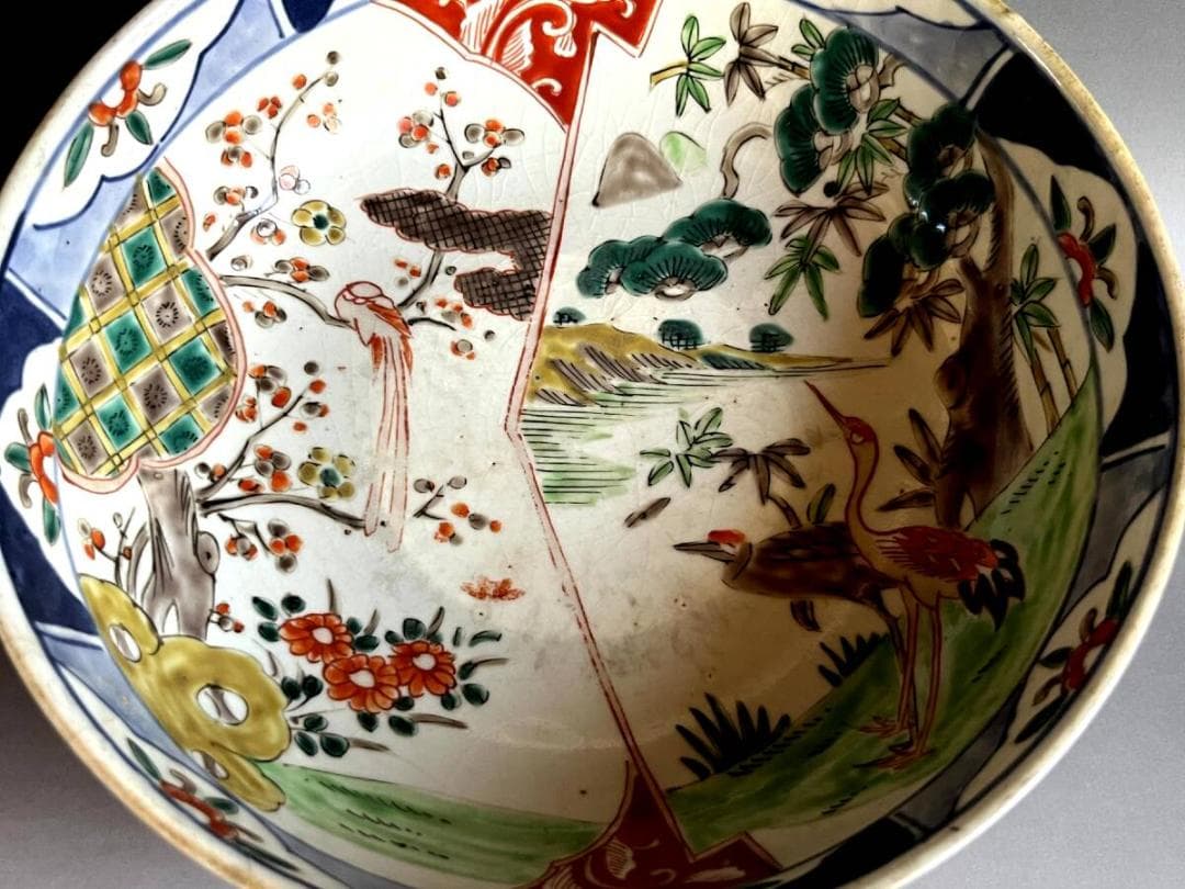 大鉢■赤絵 伊万里 錦絵 鶴亀 松竹梅 鳥 花唐草 古美術 時代物 骨董品■