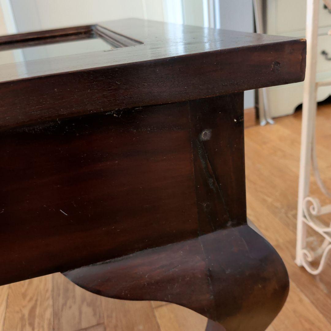 アジアン家具　サイドテーブル　収納付き　ガラス天板　ブラウン