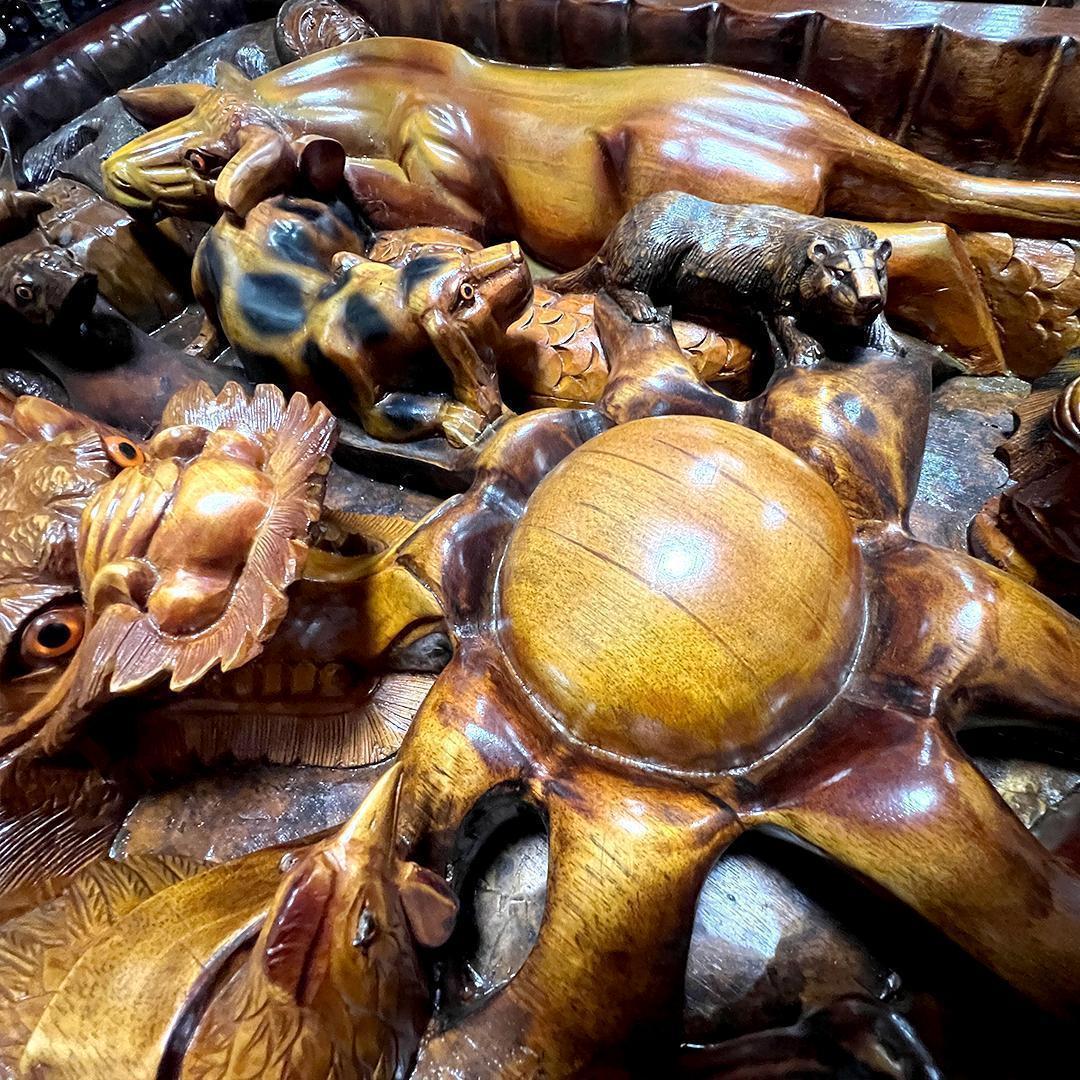 【希少】中国美術 干支 テーブル アンティーク 彫刻 木彫 ガラス天板 縁起物