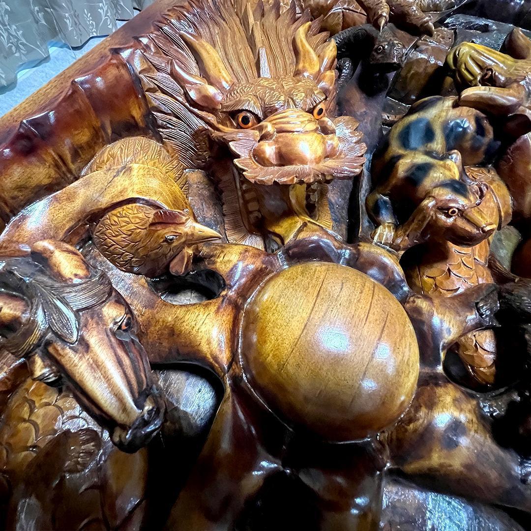 【希少】中国美術 干支 テーブル アンティーク 彫刻 木彫 ガラス天板 縁起物