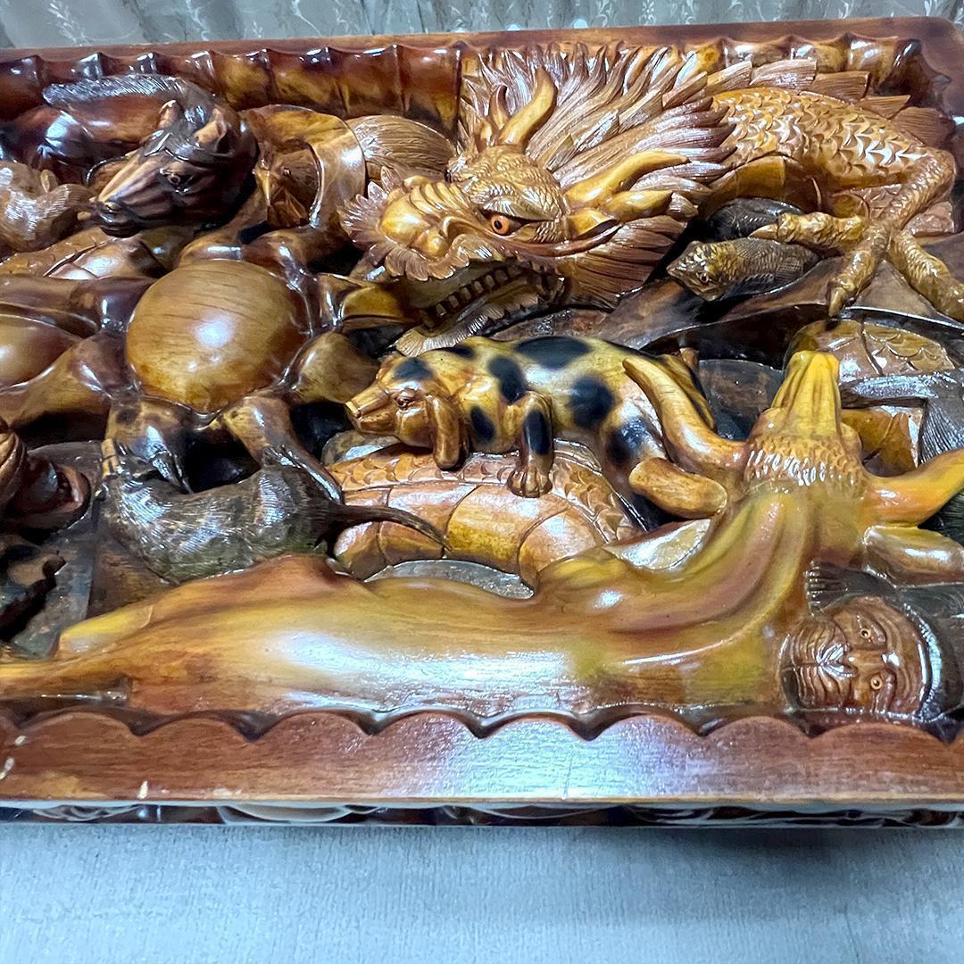 【希少】中国美術 干支 テーブル アンティーク 彫刻 木彫 ガラス天板 縁起物