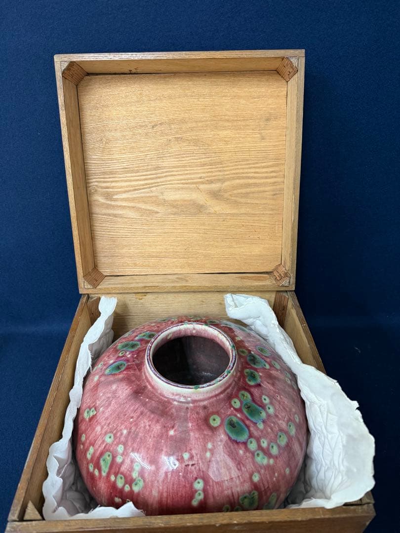 花器 花瓶 飾壺 辰砂釉 孔雀釉 中国美術 重さ約6.4kg 木箱 骨董品