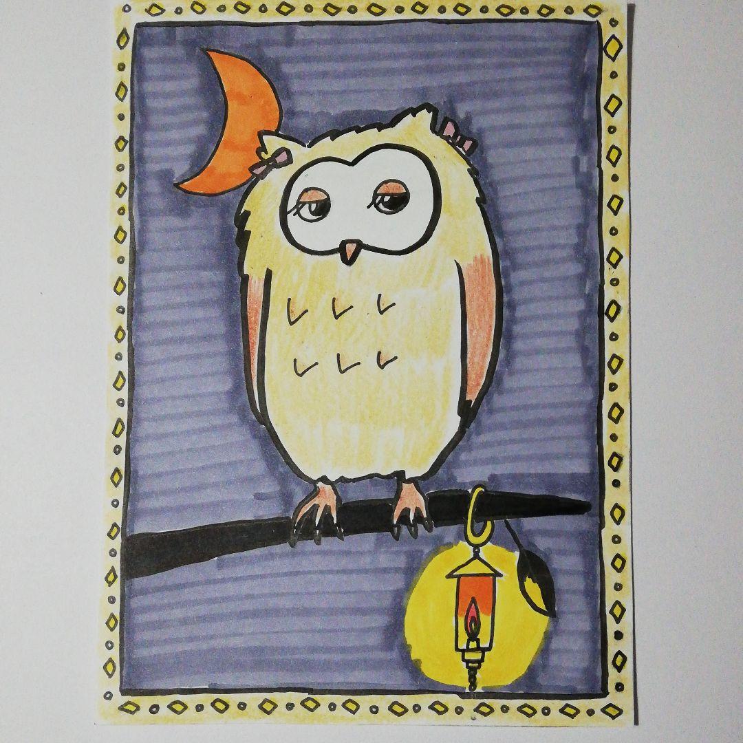 幸運フクロウ「オリジナルイラスト絵画」２L判サイズ