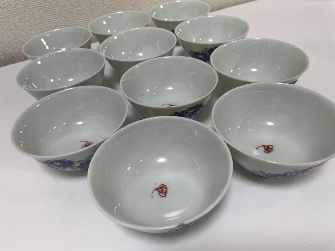 【現状品】白磁 茶碗 蓋付き椀 秋庭菊花香 花柄 レトロ アンティーク 11客