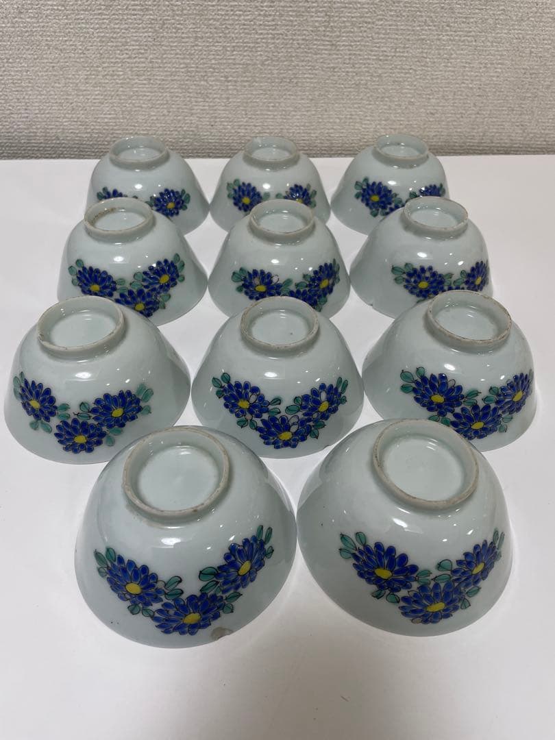 【現状品】白磁 茶碗 蓋付き椀 秋庭菊花香 花柄 レトロ アンティーク 11客