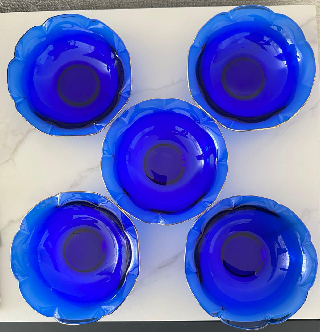 【未使用】河上恭一郎　瑠璃金縁　輪花皿　クリスタル ガラス　5枚　青　銀座和光