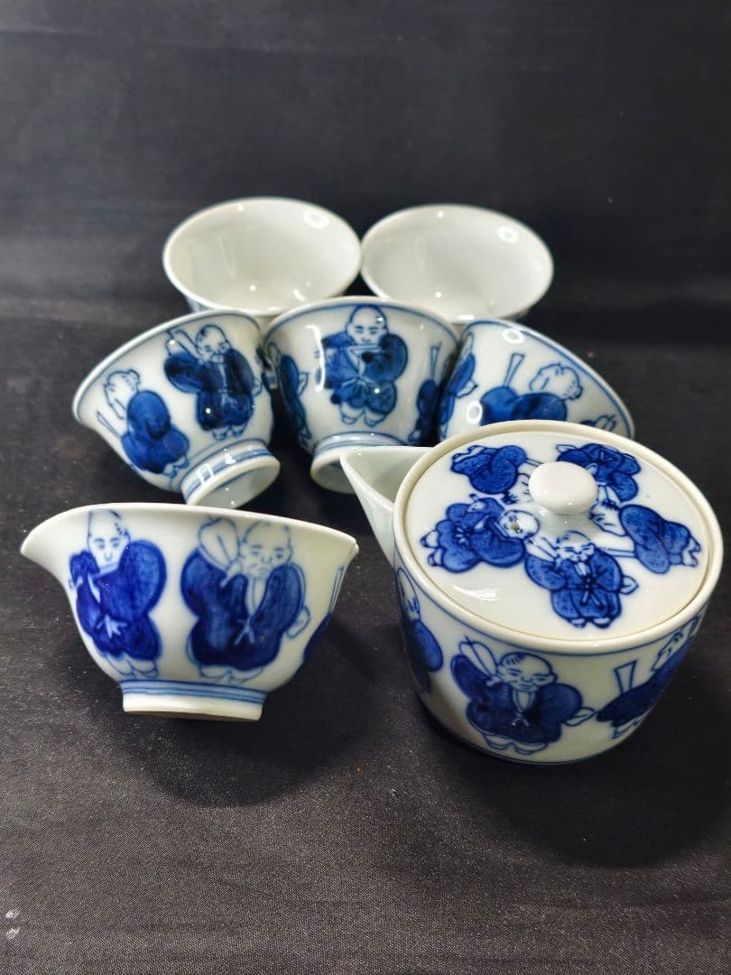 煎茶道具 染付宝瓶急須セット 京焼 手描き唐子の図 未使用美品 旧家蔵出し 骨董