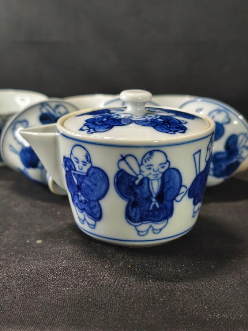 煎茶道具 染付宝瓶急須セット 京焼 手描き唐子の図 未使用美品 旧家蔵出し 骨董