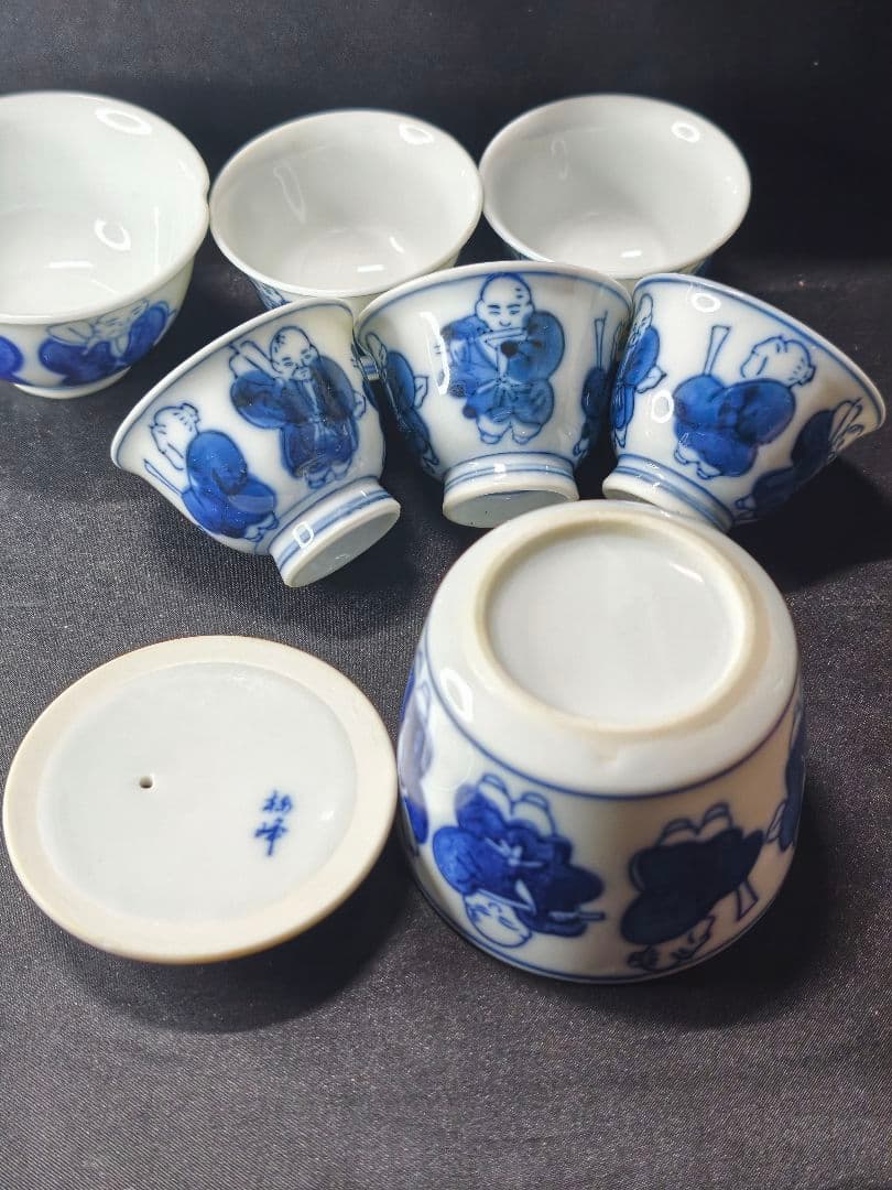 煎茶道具 染付宝瓶急須セット 京焼 手描き唐子の図 未使用美品 旧家蔵出し 骨董