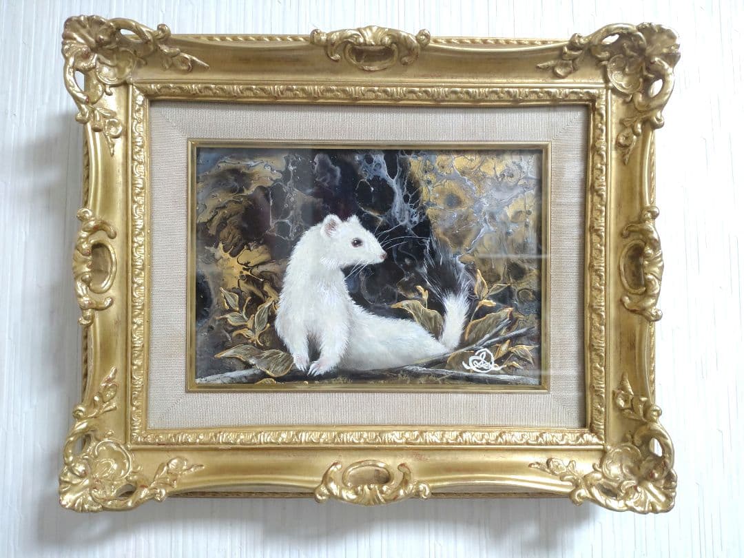 オコジョの油絵【白い妖精】作者サイン入り/真作/フルイドアート