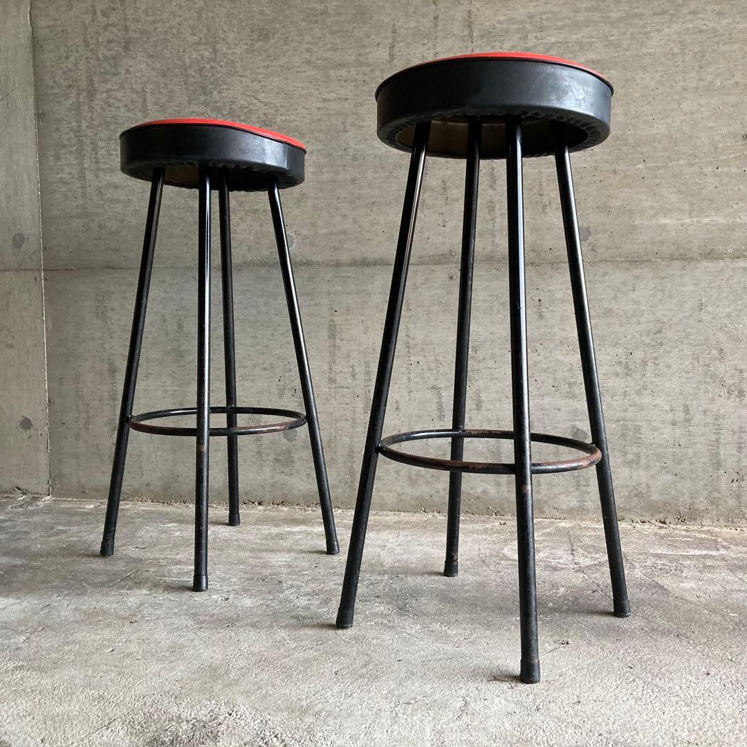 ハイスツール 丸椅子 チェア 鉄脚 アイアン 食堂 赤黒 2脚 ポップ レトロ