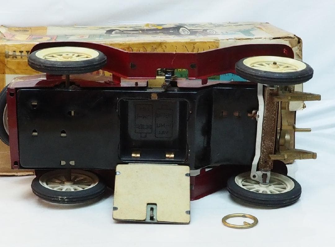 増田屋【ロマンティックカー赤ハンドル折 動作不良】tinブリキtoy car箱付