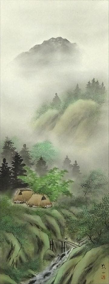 【真作】掛軸 加茂敬山『彩色山水』絹本 肉筆 共箱付 掛け軸 g08266