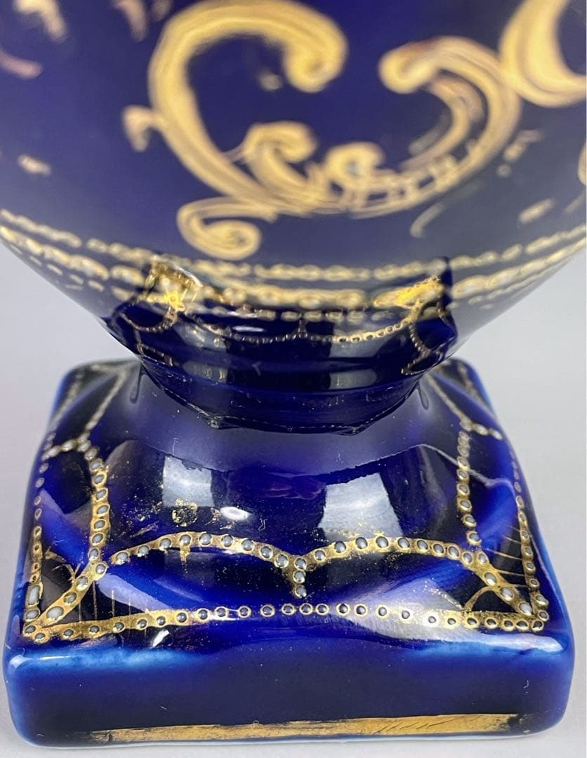 【希少】オールドニッポン ２５㎝ 瑠璃色風景紋スワン花瓶 ピッチャー 金盛り