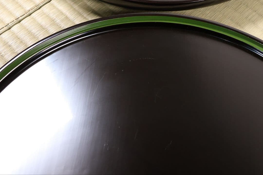 輪島塗 本堅地 黒塗 縁青漆 足付 丸膳 37.8cm 五客 木製【CM383