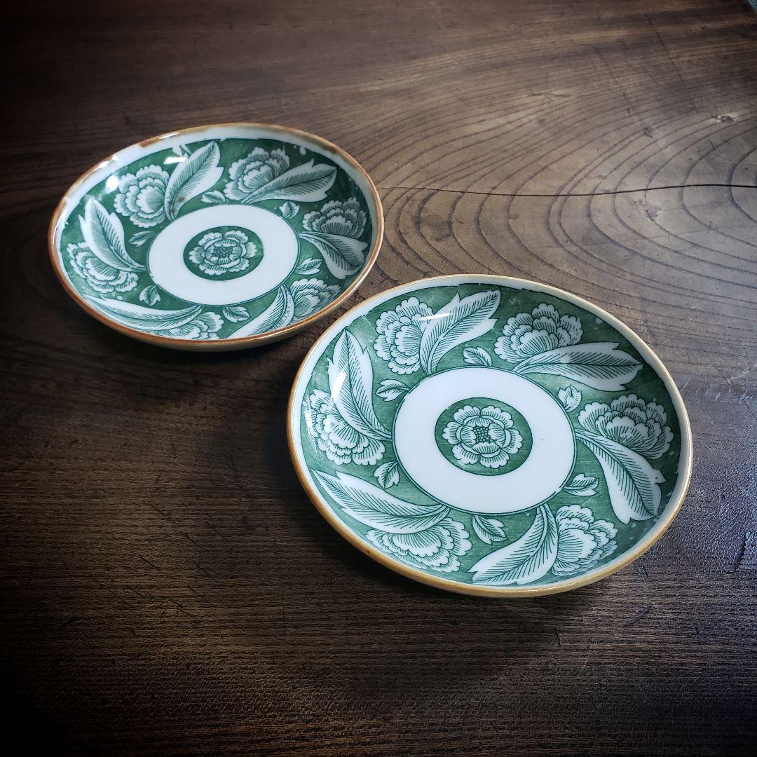 印判皿　明治　大正　二枚　花文様　牡丹　大正ロマン　モダン