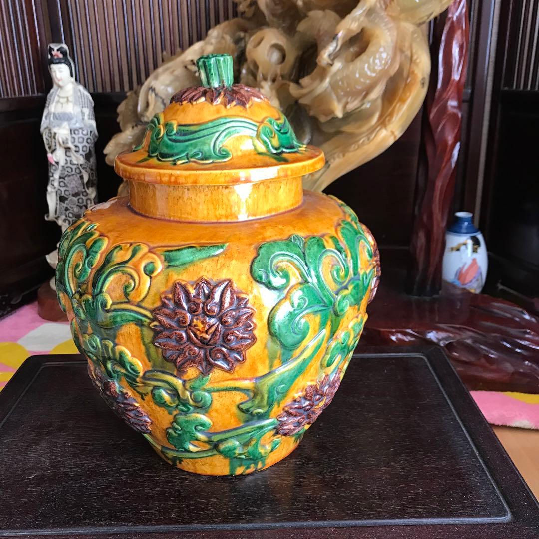 中国美術　骨董品　花瓶　壺　唐三彩　蓋付き壺　古美術　重い！6.1キロ