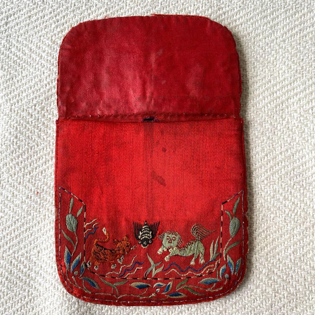 アンティーク シルクロード チャイナ チベット 赤シルク古刺繍 3口袋 時代物