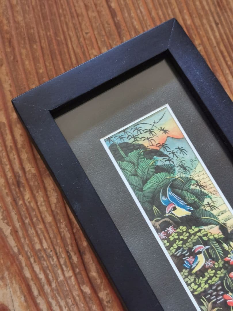 インドネシアバリ島アート 田園と亜熱帯の鳥と花 細密手描き風景画 マスターピース