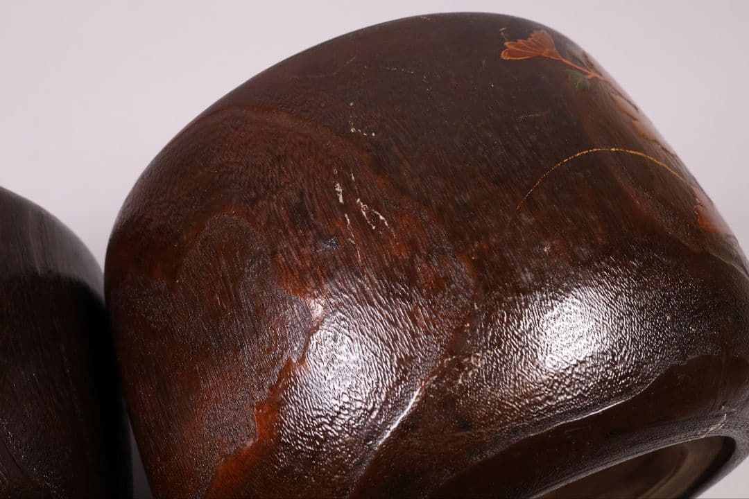 桐火鉢一対 菊蒔絵 草花 木箱入り 手あぶり 古民具 漆芸 茶道具【MB55】