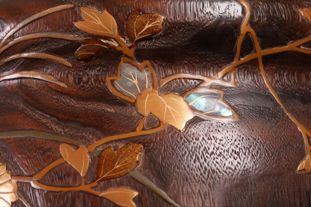 小菊蒔絵 桐火鉢 一対 幅29cm 草花 蝶 螺鈿 金蒔絵 古民具【MB104】