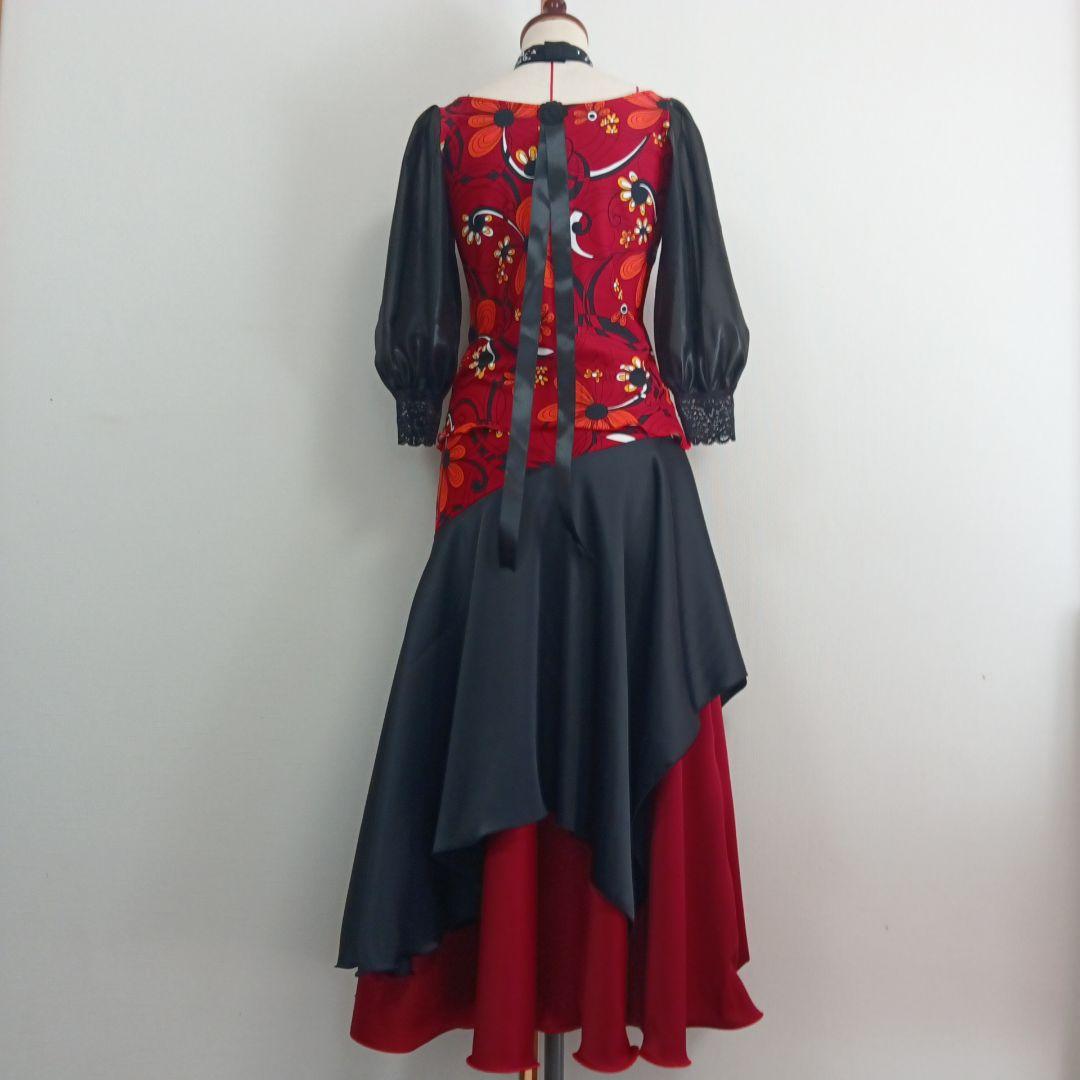 お値下げ　ハンドメイド　深紅色　社交ダンスドレス　セットアップ　トップススカート