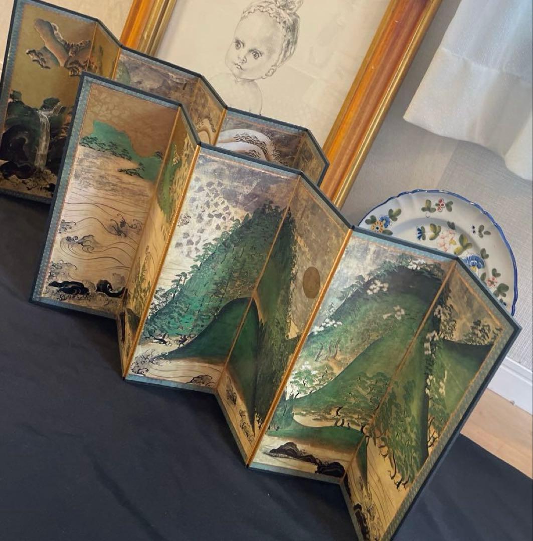 便利堂 縮小屏風「日月山水図屏風」重文表記（国宝指定前ロット）日本美術　美術史