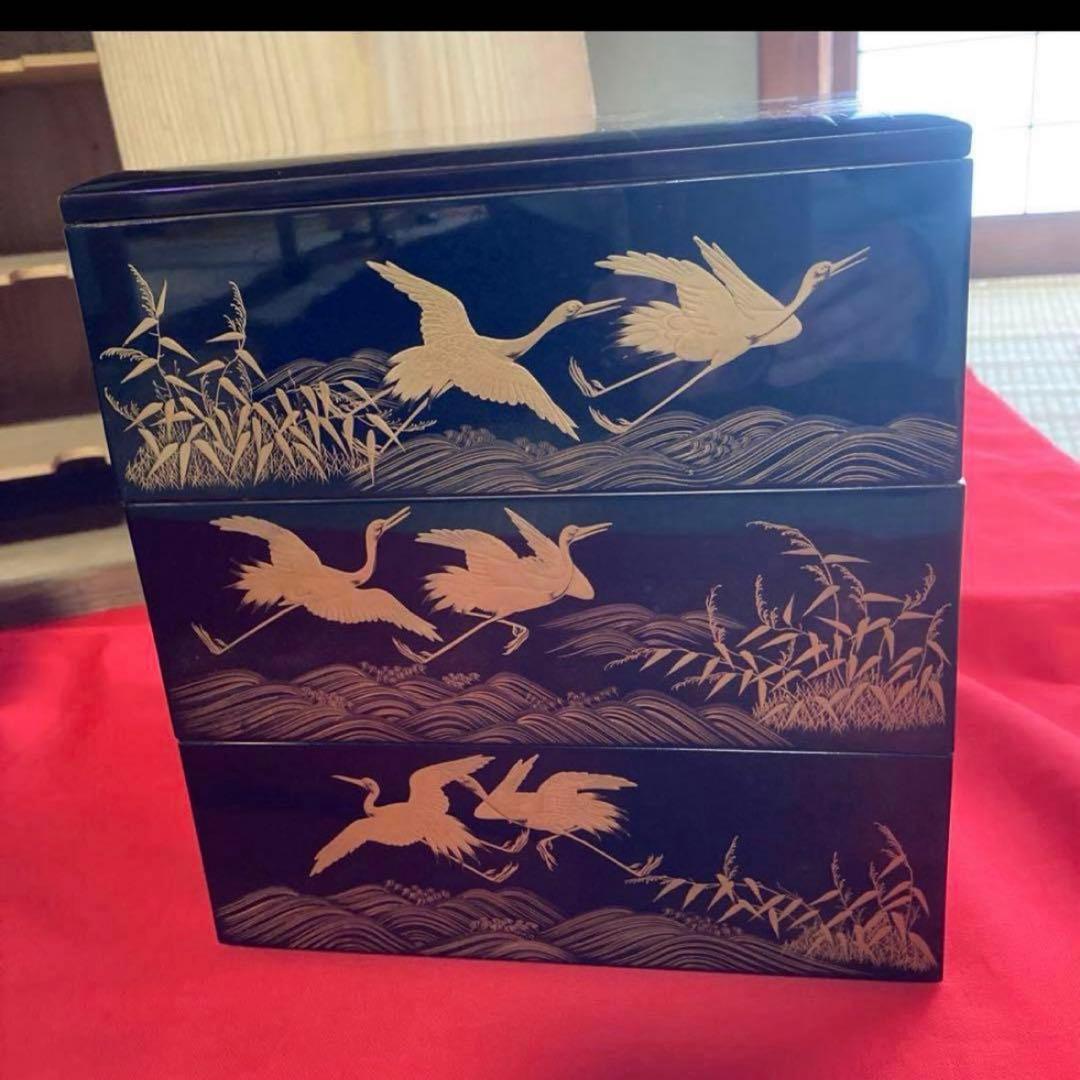 漆器 重箱 金色の鶴と波模様　輪島塗