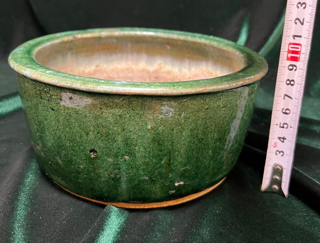 中国清朝在銘（石湾和安造）緑釉陶器 古美術 骨董品高さ8.5cmx口径19cm