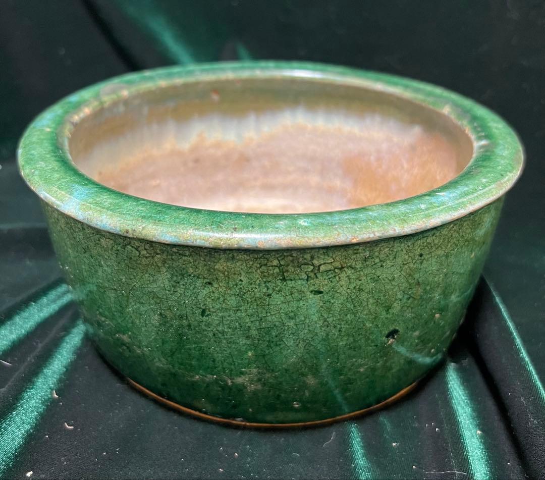 中国清朝在銘（石湾和安造）緑釉陶器 古美術 骨董品高さ8.5cmx口径19cm