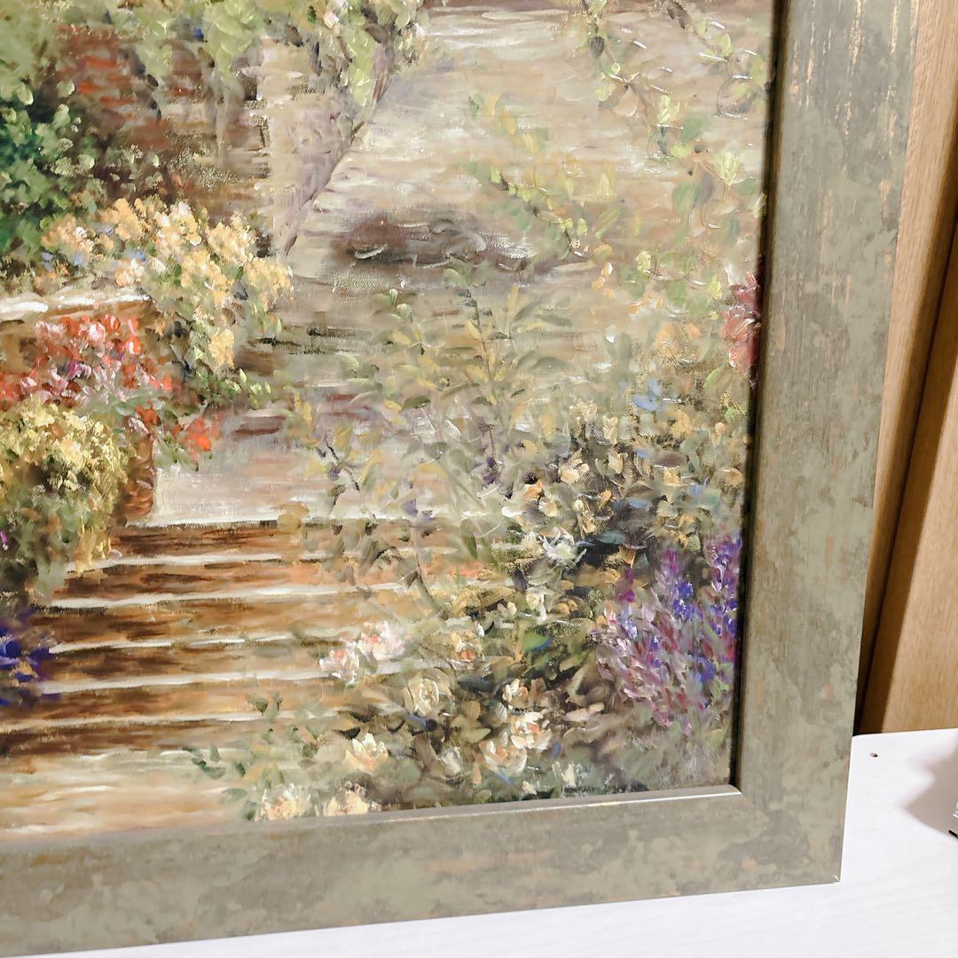 【美品】ロンゴ『パティオガーデン 階段と花壇』風景画 額装 大型 縦76×横91