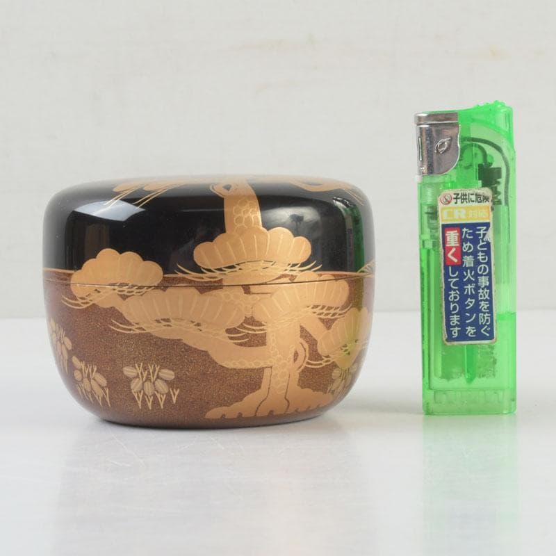 茶道具　漆塗　瑞雲造　老松蒔絵　平棗　共布共箱　V　9495