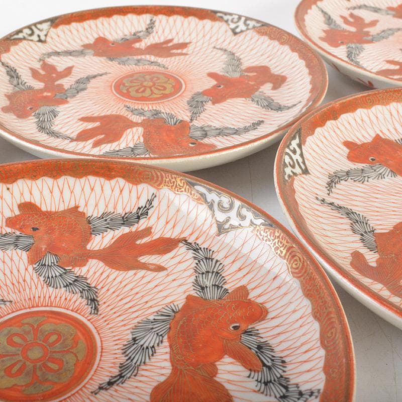 りんぞう　赤絵八郎手　金魚文　手塩皿　小皿　五客　時代箱　D　R7514